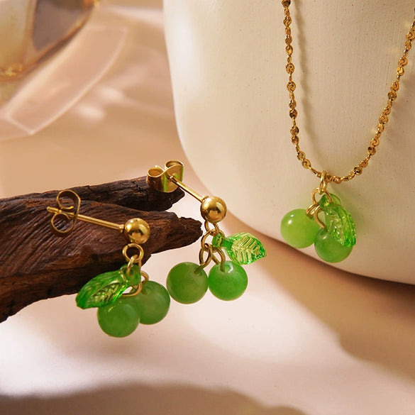 Wholesale Sweet Fairy Style Fruit Pattern Cherry Stainless Steel Electroplated Jewelry Set For Women Necklace Earring