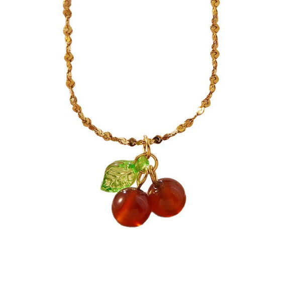 Wholesale Sweet Fairy Style Fruit Pattern Cherry Stainless Steel Electroplated Jewelry Set For Women Necklace Earring