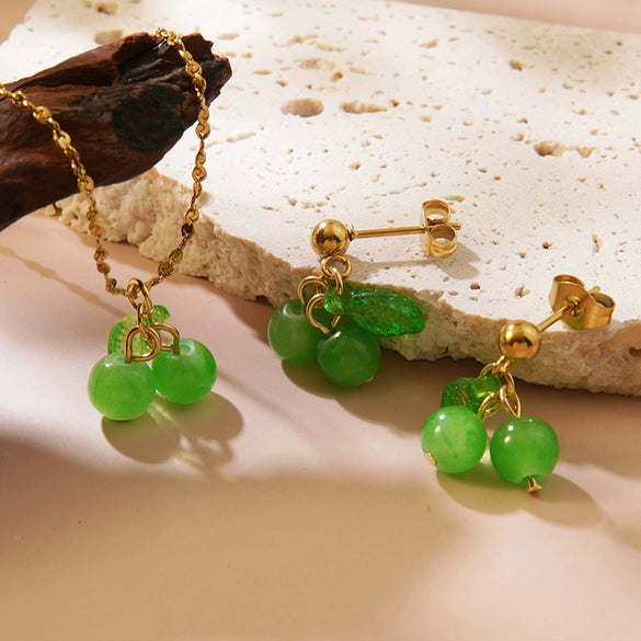 Wholesale Sweet Fairy Style Fruit Pattern Cherry Stainless Steel Electroplated Jewelry Set For Women Necklace Earring