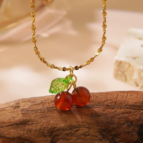 Wholesale Sweet Fairy Style Fruit Pattern Cherry Stainless Steel Electroplated Jewelry Set For Women Necklace Earring