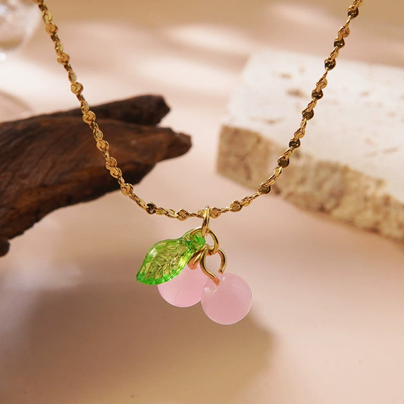Wholesale Sweet Fairy Style Fruit Pattern Cherry Stainless Steel Electroplated Jewelry Set For Women Necklace Earring