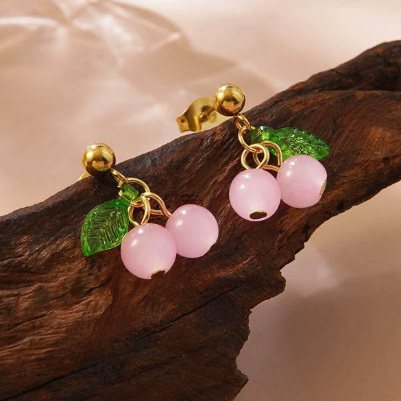 Wholesale Sweet Fairy Style Fruit Pattern Cherry Stainless Steel Electroplated Jewelry Set For Women Necklace Earring