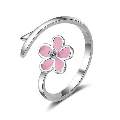 Wholesale Sweet Flower Copper Epoxy Inlay Silver Plated Zircon Open Rings