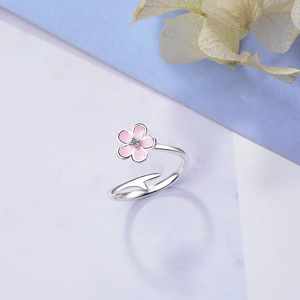 Wholesale Sweet Flower Copper Epoxy Inlay Silver Plated Zircon Open Rings