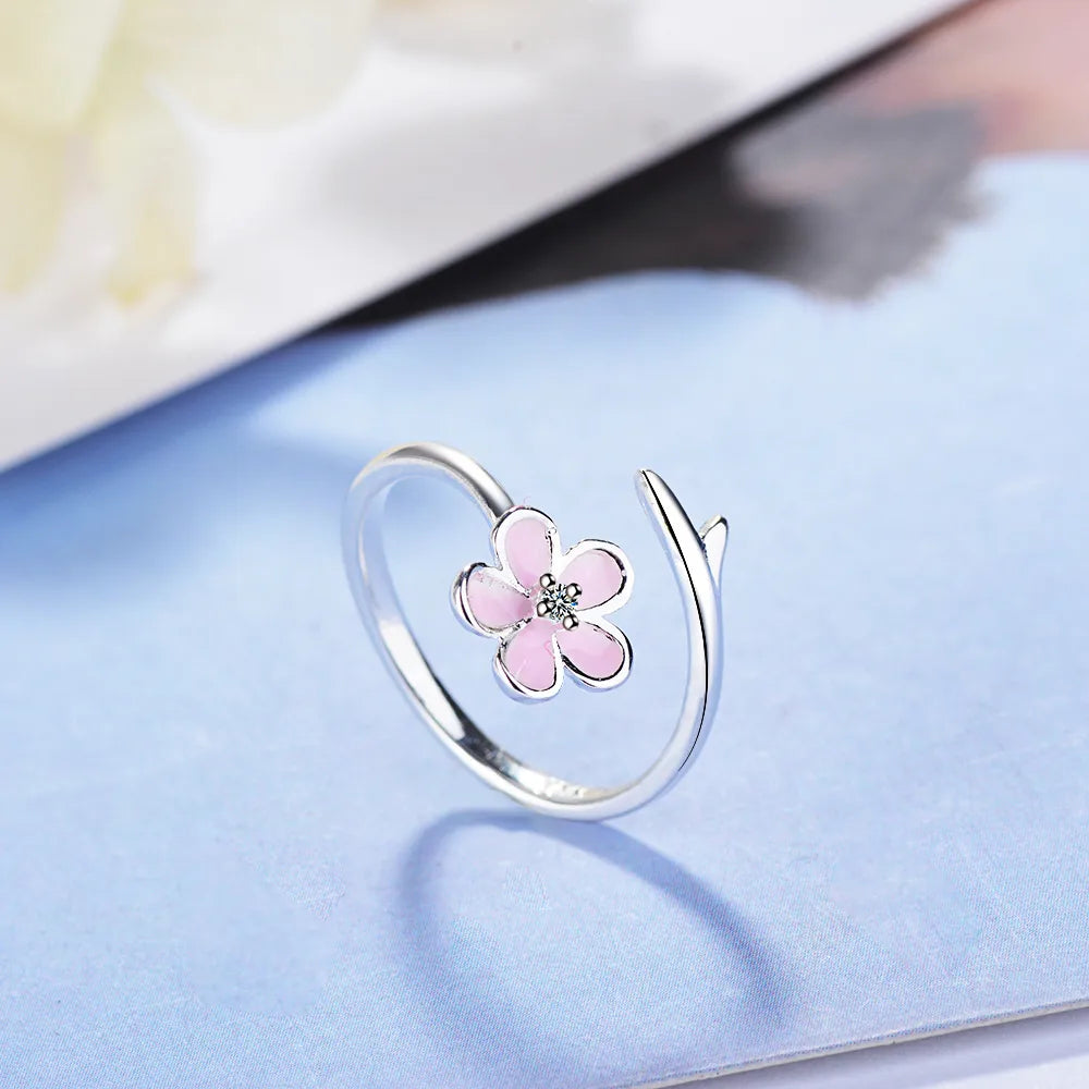 Wholesale Sweet Flower Copper Epoxy Inlay Silver Plated Zircon Open Rings