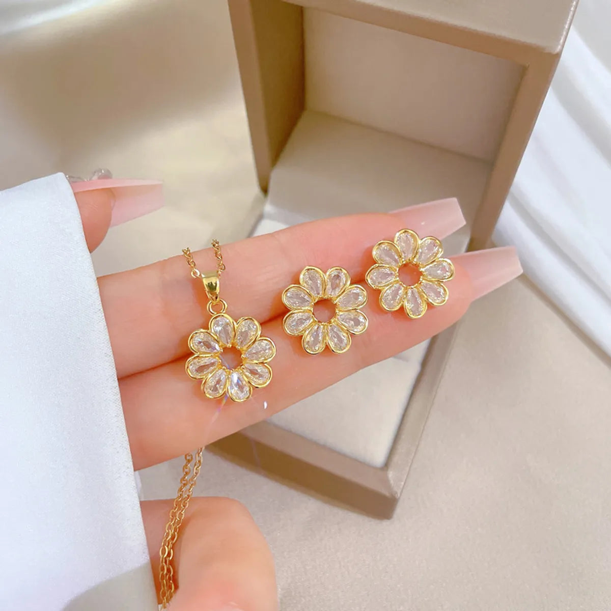 Sweet Flower Titanium Steel Copper Plating Inlay Artificial Gemstones Gold Plated Earrings Necklace