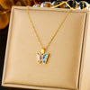 Wholesale Sweet Fresh Butterfly Suit Gradient Color Stone Pendant Necklace With Heart Flower Bow Tie Pattern Stainless Steel Jewelry Electroplated