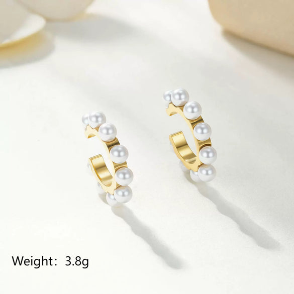Wholesale Sweet Geometric Imitation Pearl Electroplated Stainless Steel Ear Clip Earrings For Women