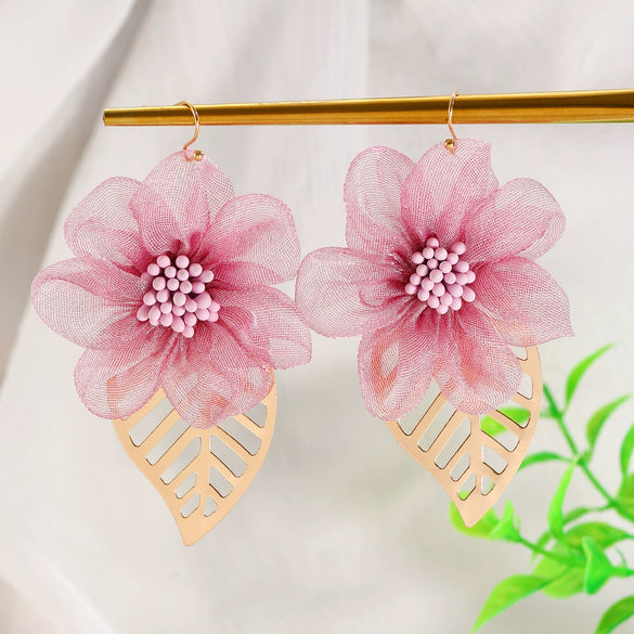 Wholesale Sweet Handmade Fabric Gauze Heart And Bow Flower Leaf Earrings For Women