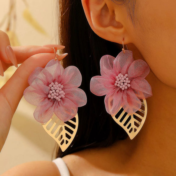 Wholesale Sweet Handmade Fabric Gauze Heart And Bow Flower Leaf Earrings For Women