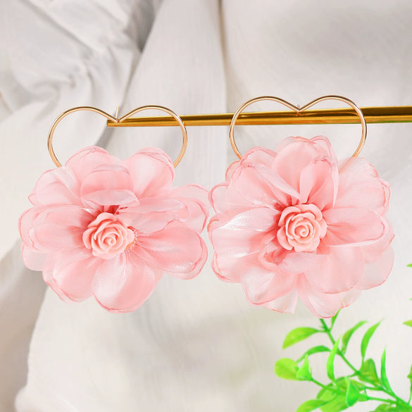 Wholesale Sweet Handmade Fabric Gauze Heart And Bow Flower Leaf Earrings For Women