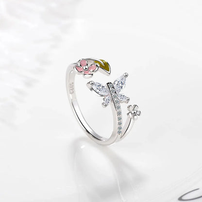 Wholesale Sweet Leaf Flower Butterfly Copper Epoxy Inlay White Gold Plated Zircon Open Rings