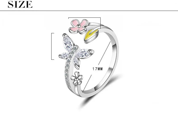 Wholesale Sweet Leaf Flower Butterfly Copper Epoxy Inlay White Gold Plated Zircon Open Rings