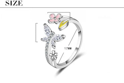 Wholesale Sweet Leaf Flower Butterfly Copper Epoxy Inlay White Gold Plated Zircon Open Rings