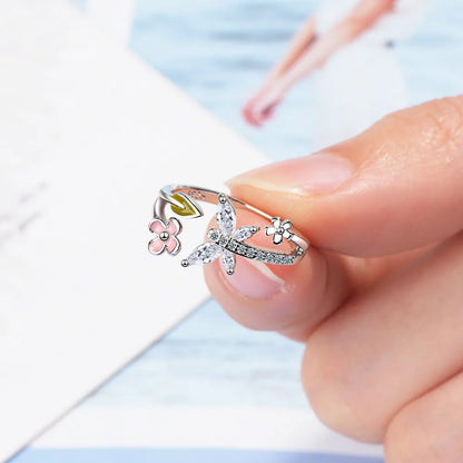 Wholesale Sweet Leaf Flower Butterfly Copper Epoxy Inlay White Gold Plated Zircon Open Rings