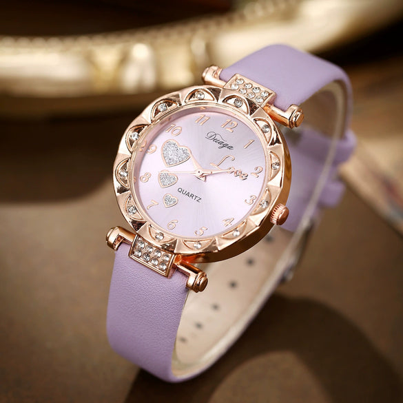Wholesale Sweet Round Dial Belt Watch And Maple Leaf Jewelry Set For Female Alloy Case Imitation Leather Strap Stainless Steel Buckle Ordinary Glass Mirror