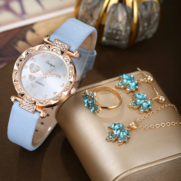 Wholesale Sweet Round Dial Belt Watch And Maple Leaf Jewelry Set For Female Alloy Case Imitation Leather Strap Stainless Steel Buckle Ordinary Glass Mirror