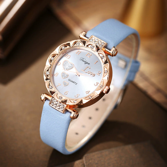 Wholesale Sweet Round Dial Belt Watch And Maple Leaf Jewelry Set For Female Alloy Case Imitation Leather Strap Stainless Steel Buckle Ordinary Glass Mirror