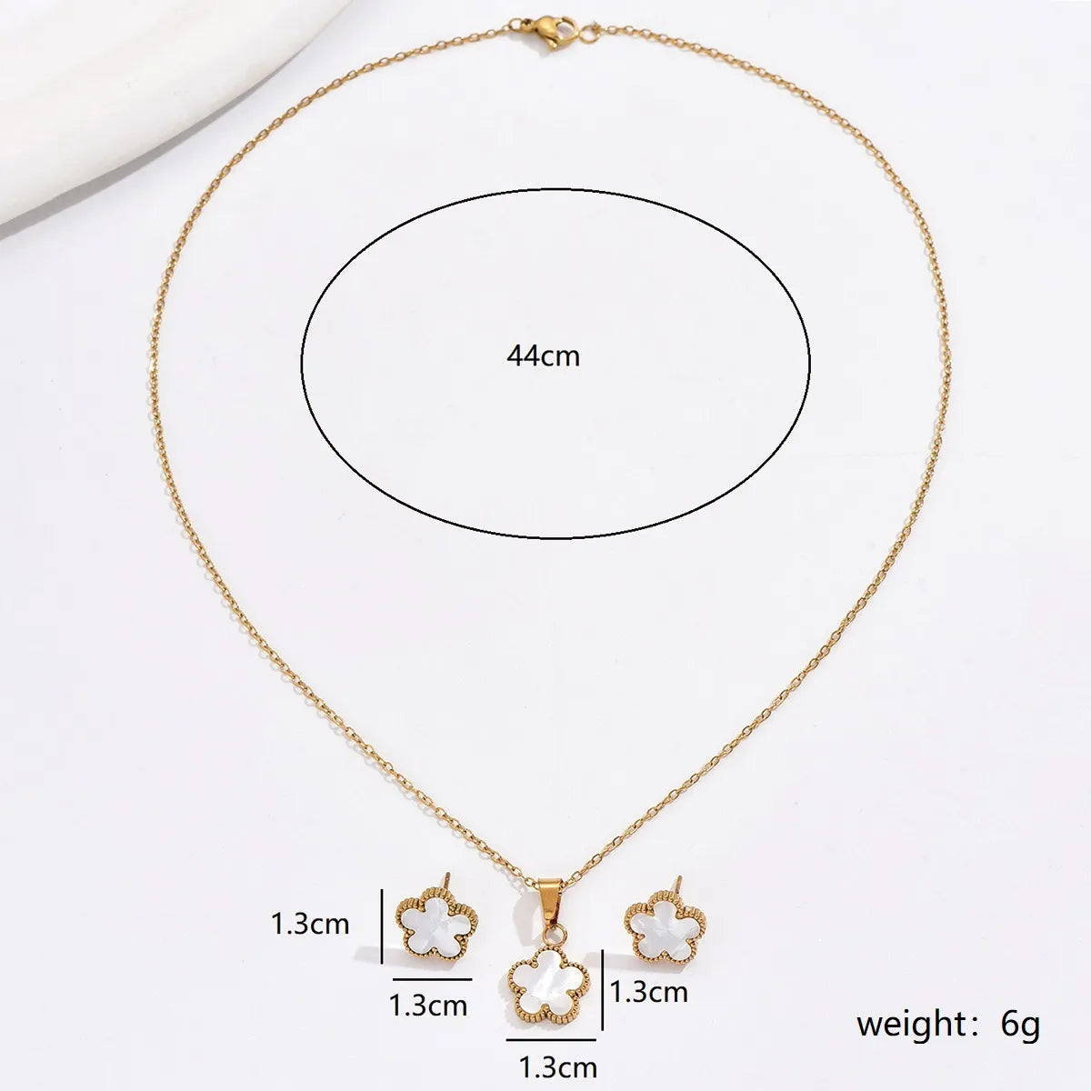 201 Stainless Steel 18K Gold Plated Sweet Simple Style Artistic Inlay Flower Shell Jewelry Set