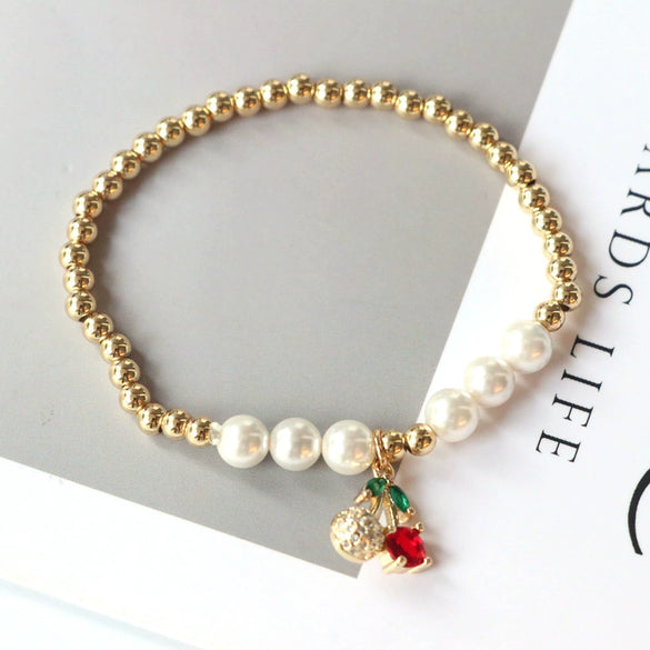 Wholesale Sweet Style Handmade Gold Plated Pearl Bead Heart And Fruit Shaped Women's Jewelry Bracelet Accessories