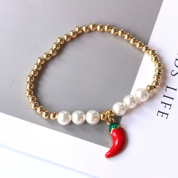 Wholesale Sweet Style Handmade Gold Plated Pearl Bead Heart And Fruit Shaped Women's Jewelry Bracelet Accessories