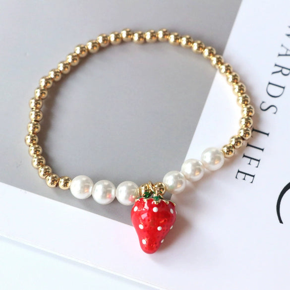 Wholesale Sweet Style Handmade Gold Plated Pearl Bead Heart And Fruit Shaped Women's Jewelry Bracelet Accessories