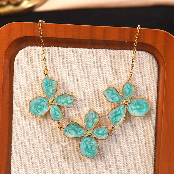 Wholesale Sweet Style Simple Plants And Flowers Dripping Oil Stainless Steel Necklace And Earrings Jewelry Set For Women