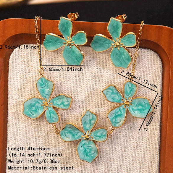 Wholesale Sweet Style Simple Plants And Flowers Dripping Oil Stainless Steel Necklace And Earrings Jewelry Set For Women