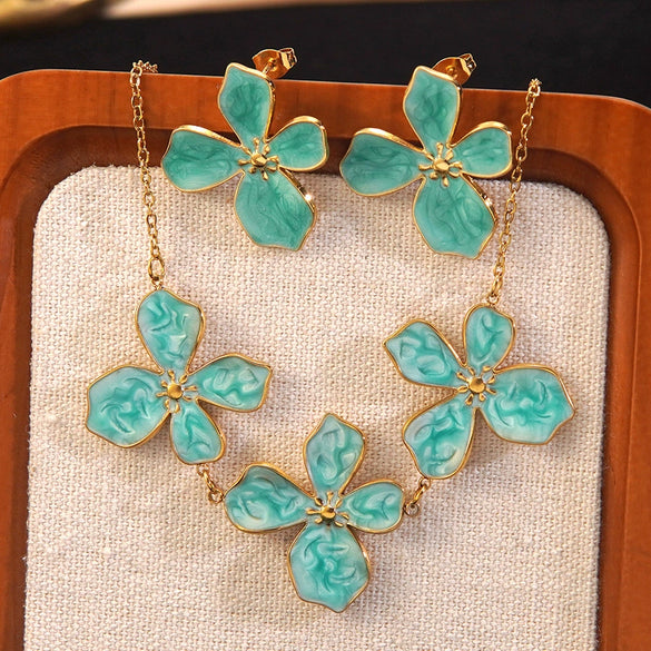 Wholesale Sweet Style Simple Plants And Flowers Dripping Oil Stainless Steel Necklace And Earrings Jewelry Set For Women