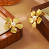 Wholesale Sweet Style Stamped Fiveleaf Flower Stainless Steel Earrings Inlaid With White Beads For Women