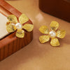 Wholesale Sweet Style Stamped Fiveleaf Flower Stainless Steel Earrings Inlaid With White Beads For Women