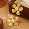 Wholesale Sweet Style Stamped Fiveleaf Flower Stainless Steel Earrings Inlaid With White Beads For Women