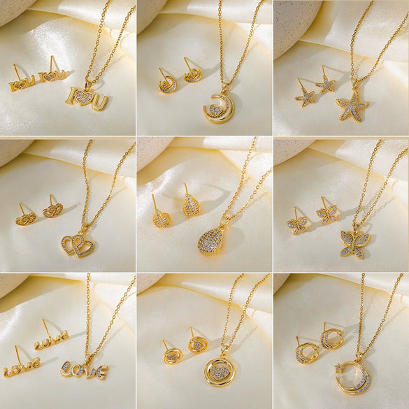 Wholesale Sweet Style Women's Jewelry Set With Love Water Drops And Bells Patterns Copper And Titanium Steel Electroplated Earrings And Necklace Combination