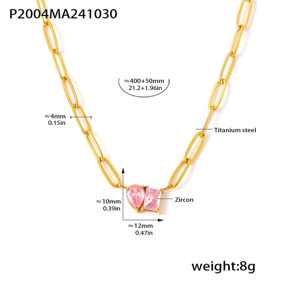 Wholesale Sweet Water Drop Square Zircon Stainless Steel Necklace With 18K Gold Plated Electroplating