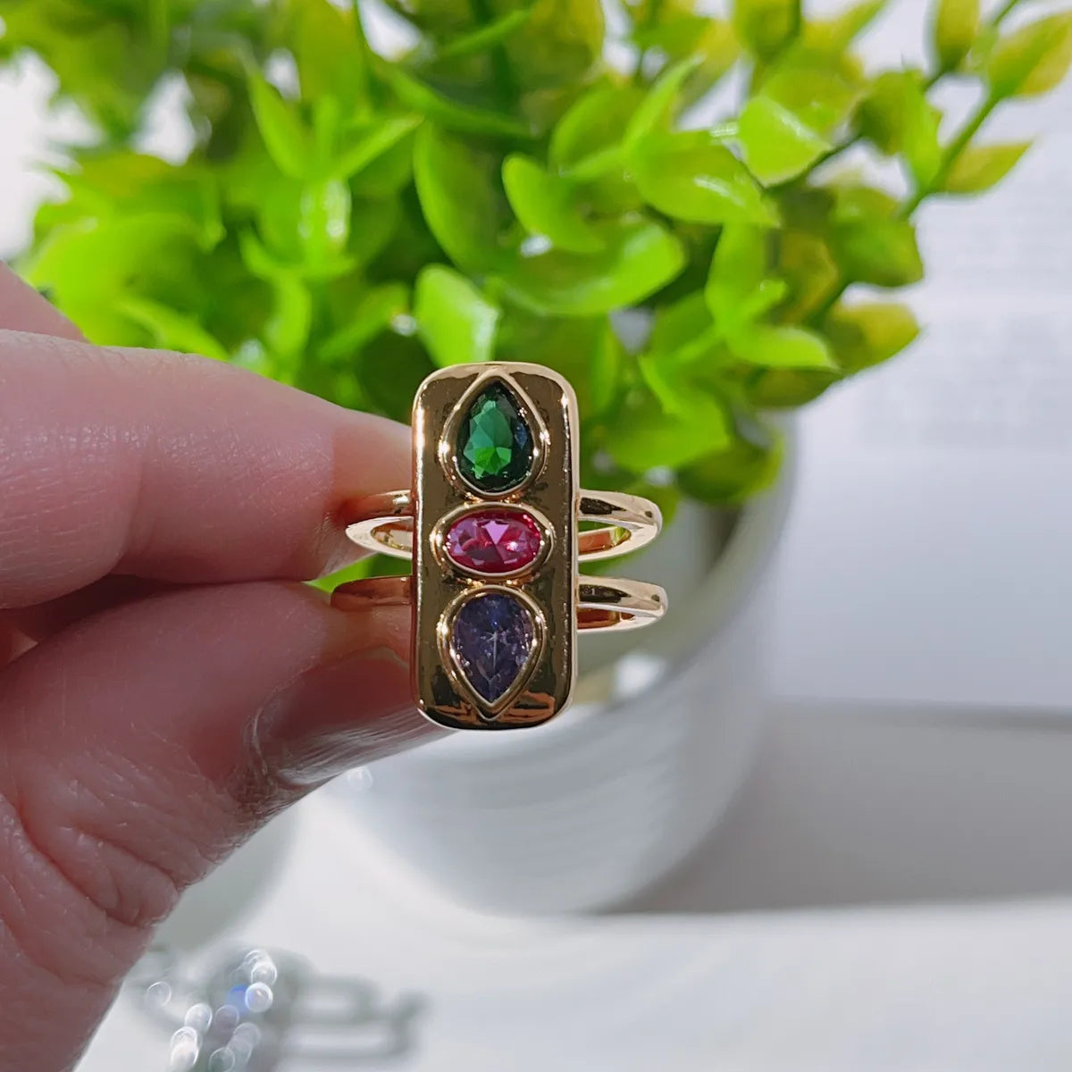 Wholesale Sweet Water Droplets Rectangle Copper Irregular Plating Inlay Zircon Open Rings