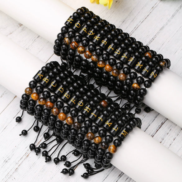 Wholesale Synthetic Stone Black Onyx Beads Geometric Woven Adjustable Electroplated Unisex Bracelet