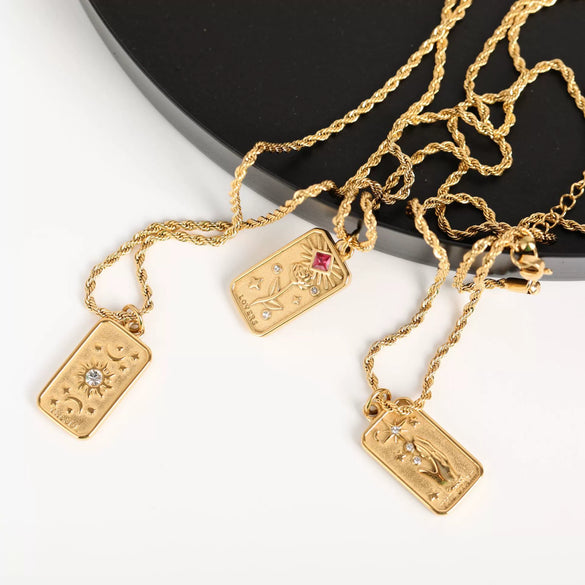 Wholesale Tarot Necklace With Geometric Pattern High Sense Plant Flowers Threedimensional Embossed Diamondembossed Titanium Steel Woolen Twist Chain Electroplated