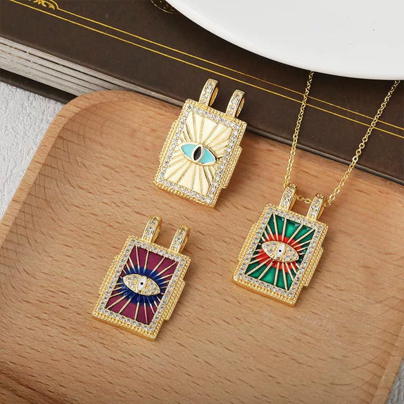 Wholesale Tarot Square Pendant Necklace Copper Plated 18K Gold Geometric Style Electroplated Oildripping Zircon Diy Accessories