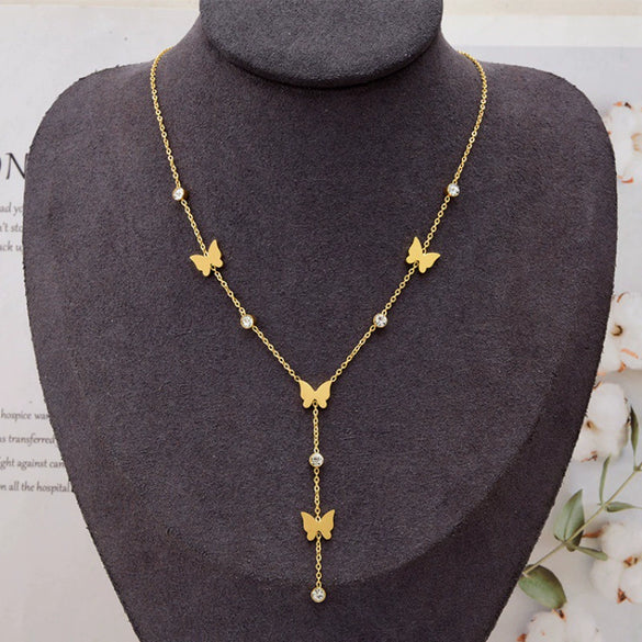 Wholesale Tassel Butterfly Geometric Titanium Steel Necklace With Mixed Gemstone Inlay Electroplated For Women Fashion Highend Design Nonfading Clavicle Chain