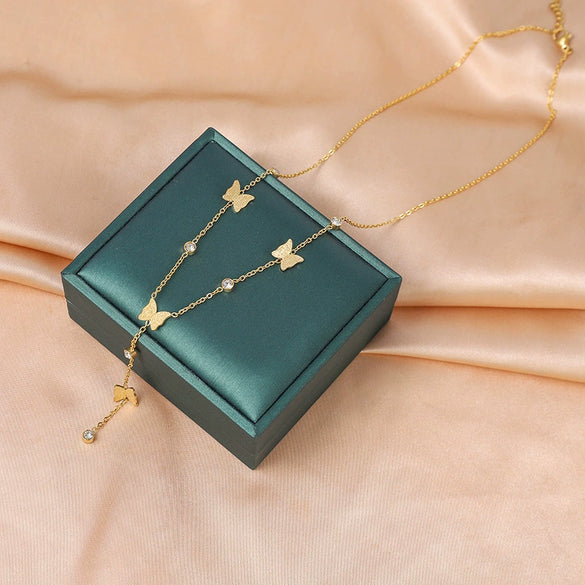 Wholesale Tassel Butterfly Geometric Titanium Steel Necklace With Mixed Gemstone Inlay Electroplated For Women Fashion Highend Design Nonfading Clavicle Chain