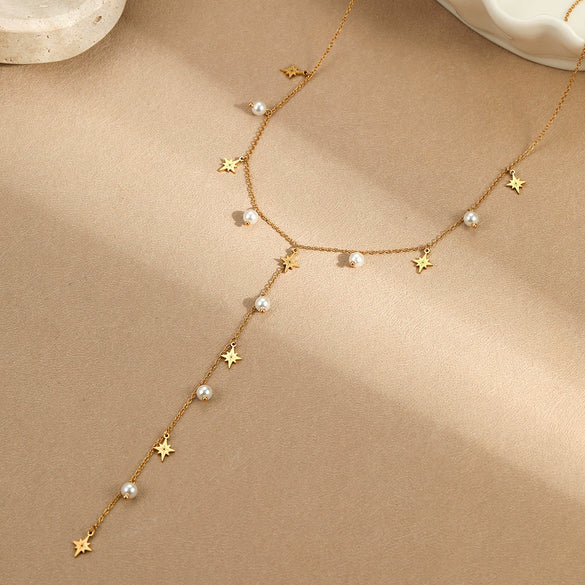 Wholesale Tassel Imitation Pearl Ychain Necklace Stainless Steel 18K Electroplated Geometric Style Jewelry For Women