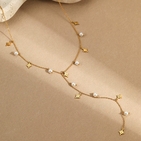 Wholesale Tassel Imitation Pearl Ychain Necklace Stainless Steel 18K Electroplated Geometric Style Jewelry For Women