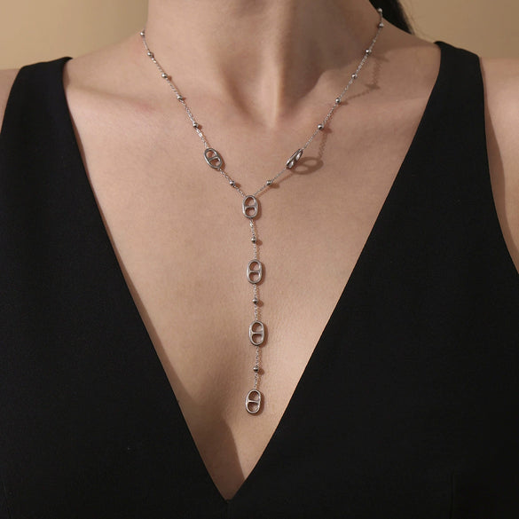 Wholesale Tassel Long Clavicle Necklace Double Chain Fashionable Elegant Highgrade Stainless Steel Geometric 18K Gold Electroplated Jewelry For Women