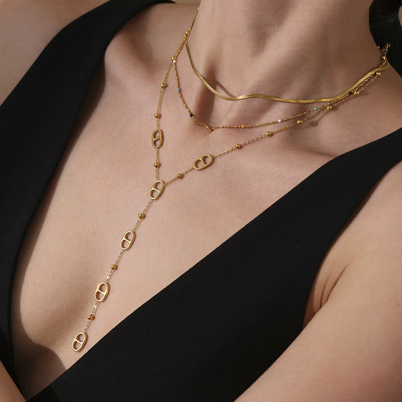 Wholesale Tassel Long Clavicle Necklace Double Chain Fashionable Elegant Highgrade Stainless Steel Geometric 18K Gold Electroplated Jewelry For Women