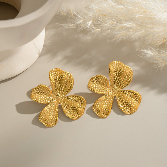Wholesale Textured Flower Geometric Stainless Steel Earrings And Ring With Electroplating In French Retro Mid Century Style