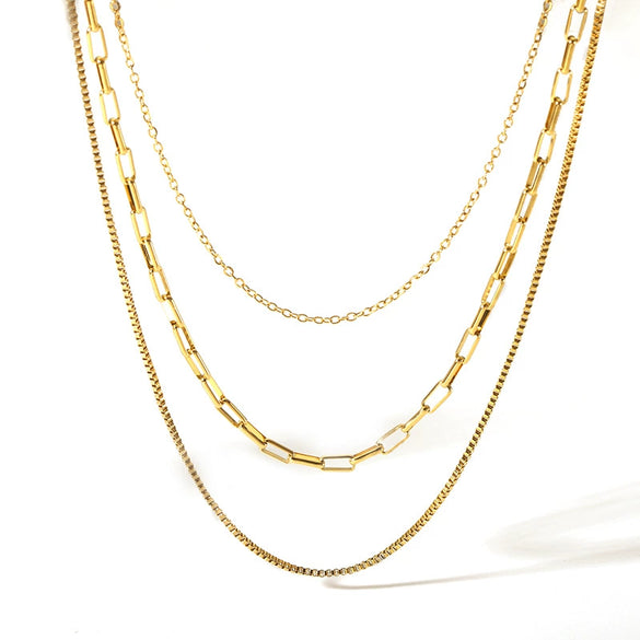 Wholesale Three Layer Stainless Steel Box Chain Necklace With Geometric Design 18K Gold Plated By Vacuum Real Gold Electroplating In Pvd Furnace For Women