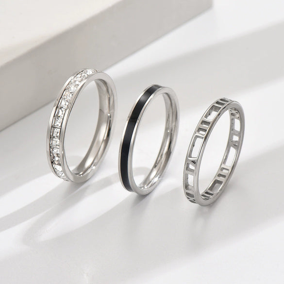 Wholesale Threeinone Hollowout Diamondstudded Oildrip Stainless Steel Ring With Geometric Shape Electroplated For Unisex