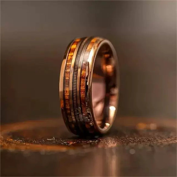 Wholesale Threeslot Spring Wire Guitar String Barrel Ring With Wood Grain In Rose Gold Stainless Steel Electroplated