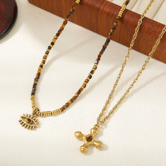 Wholesale Tiger Eye Stone And Stainless Steel Geometric Vintage Handmade Necklace For Women