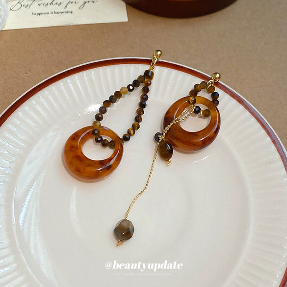 Wholesale Tiger Eye Stone Geometric Asymmetric Pendant Earrings Handmade Vintage Style For Women